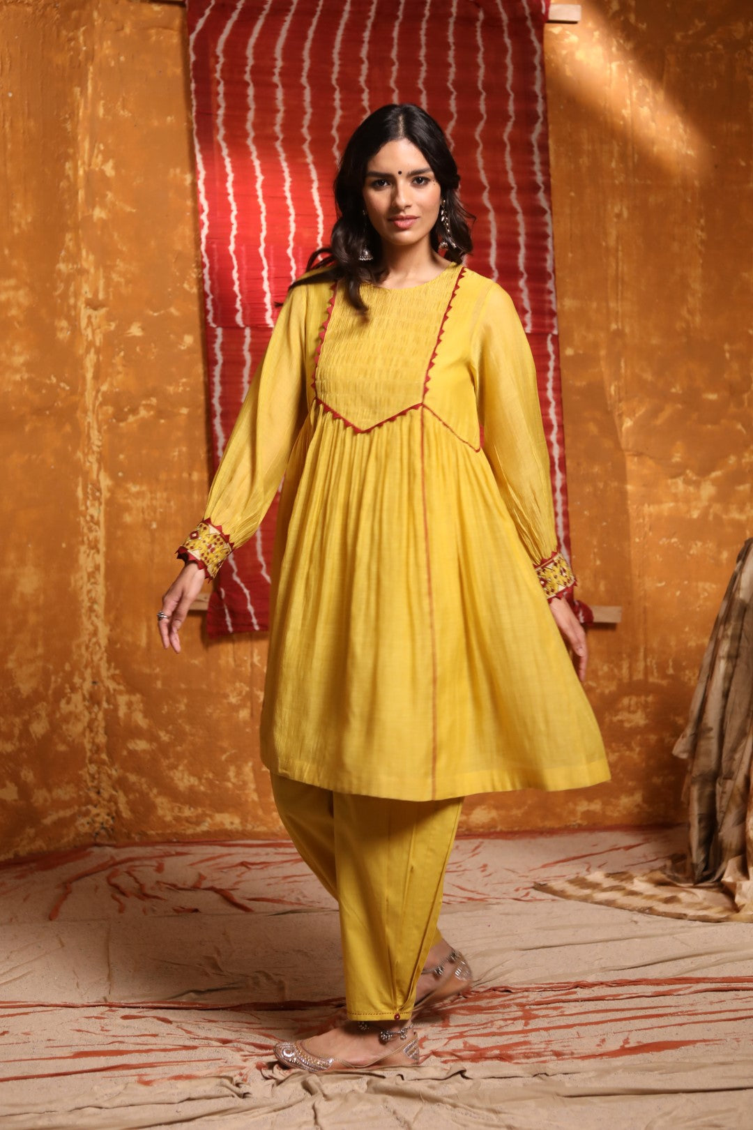 Mustard Smocking Gather Cuff Embroidery Kurta