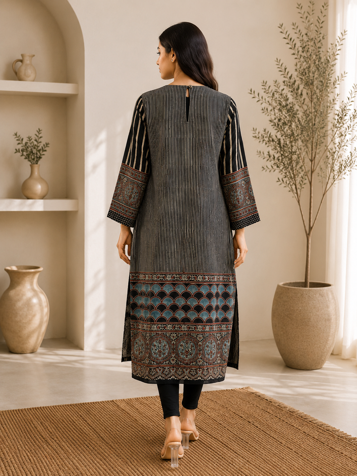 Charcoal Cotton  Black  Printed Kurti