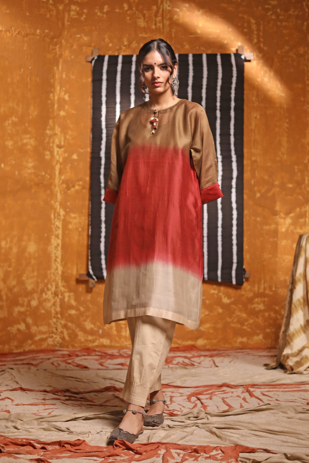 Beige Cotton Pintuck Pants