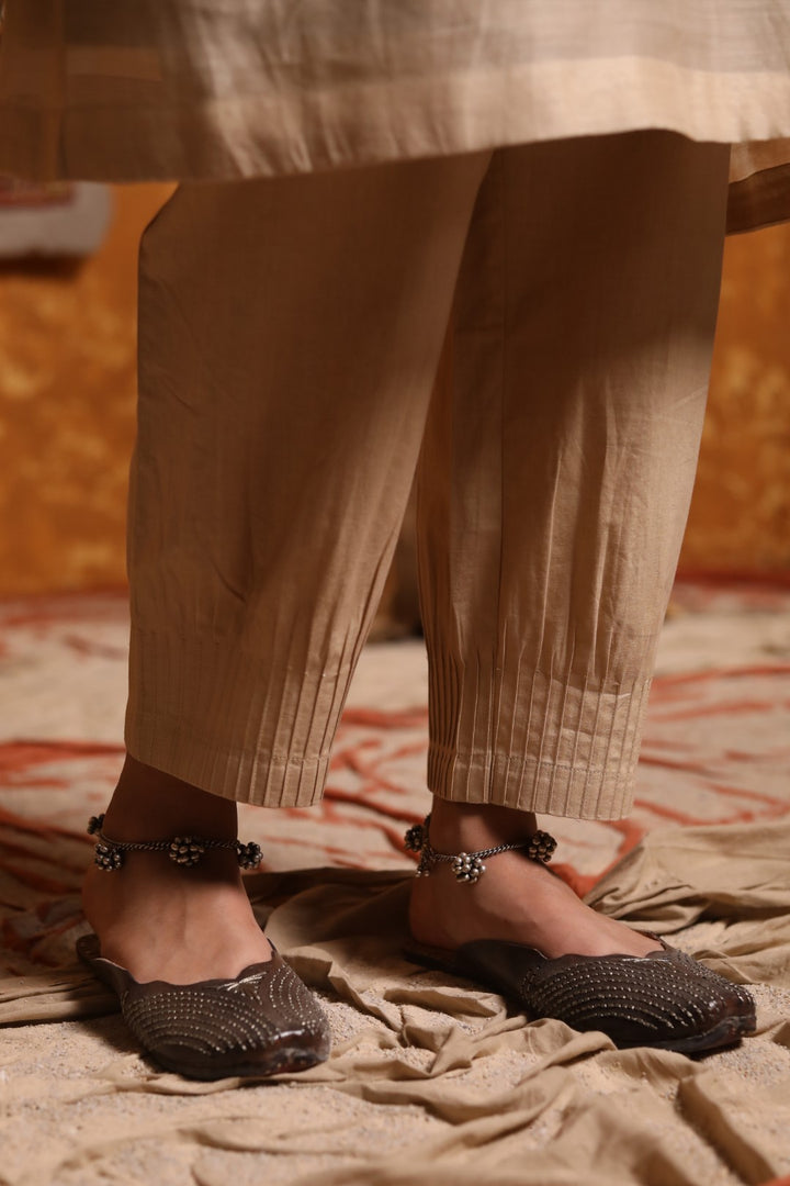 Beige Cotton Pintuck Pants