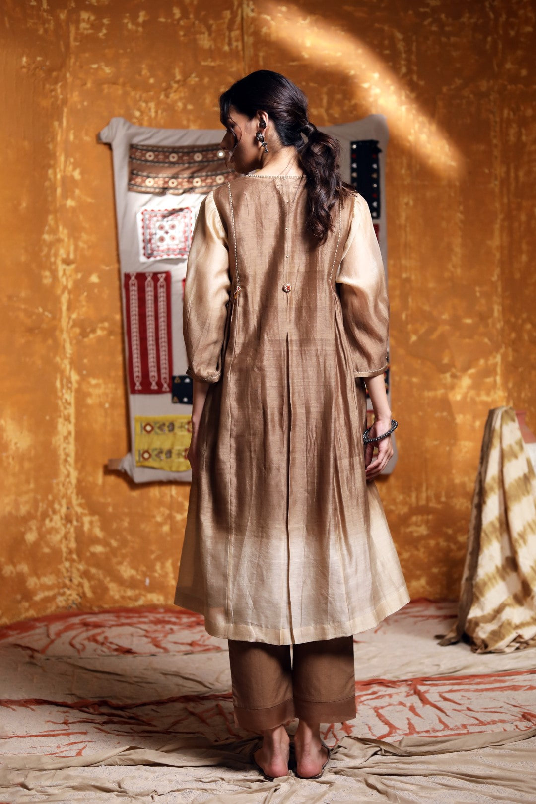 Brown Ombre Button Embroidery Kurta