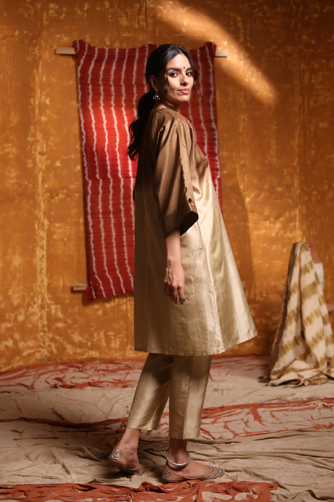 Beige Silk straight pants