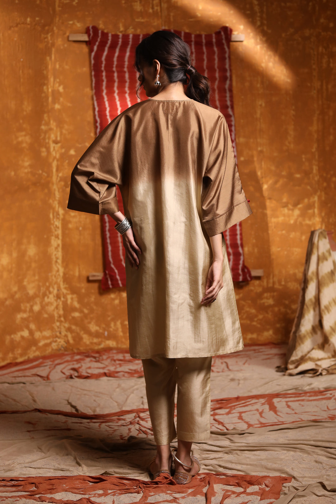 Beige Silk straight pants