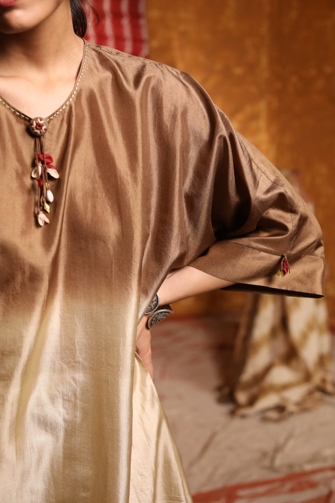 Brown Ombre Silk Crinkle Kimono With Pant