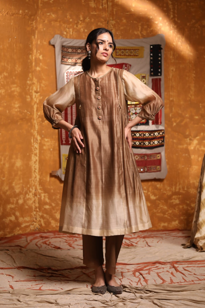Brown Cotton Pants With Organza