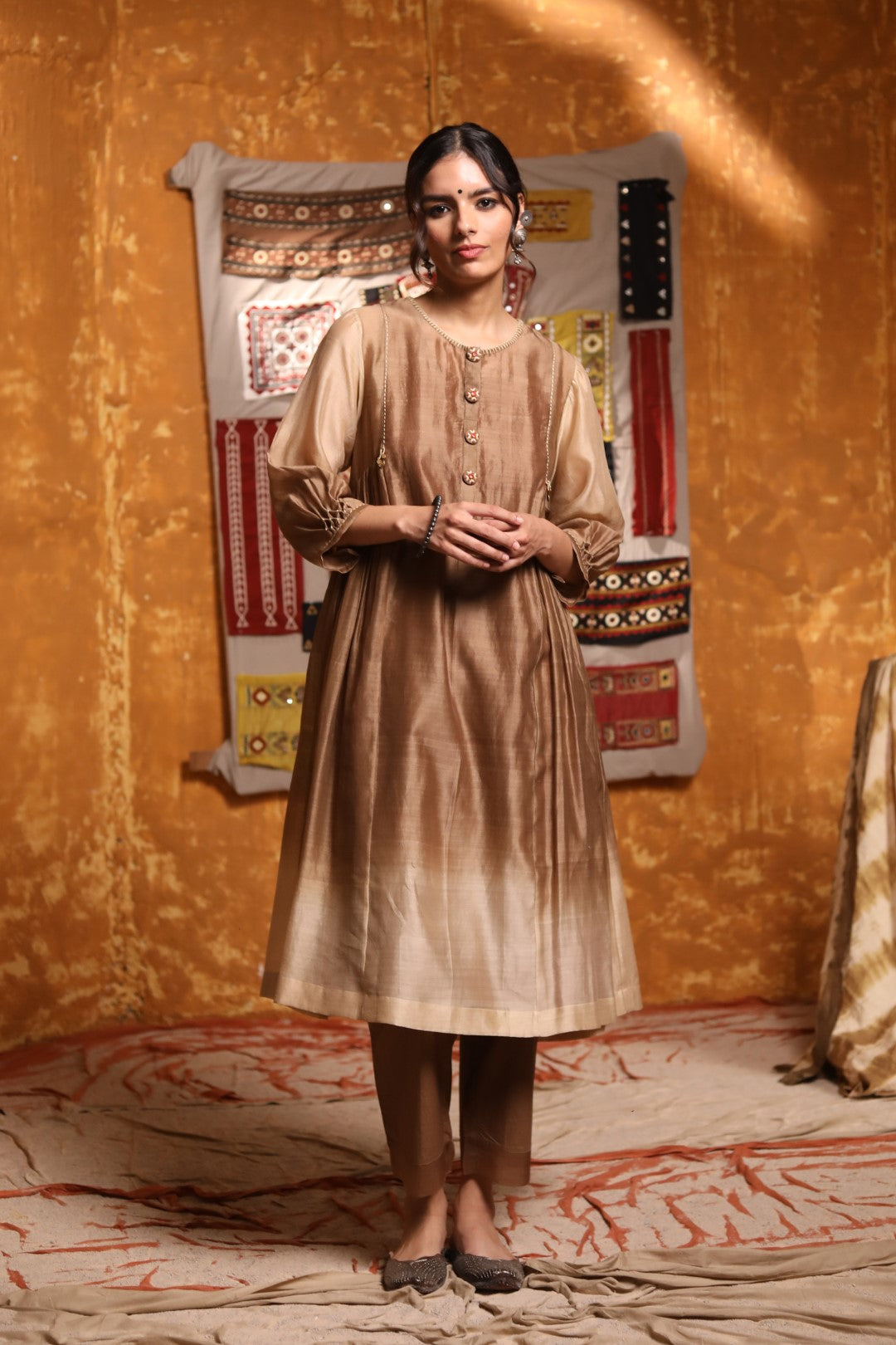 Brown Ombre Button Embroidery Kurta With Pants & Dupatta