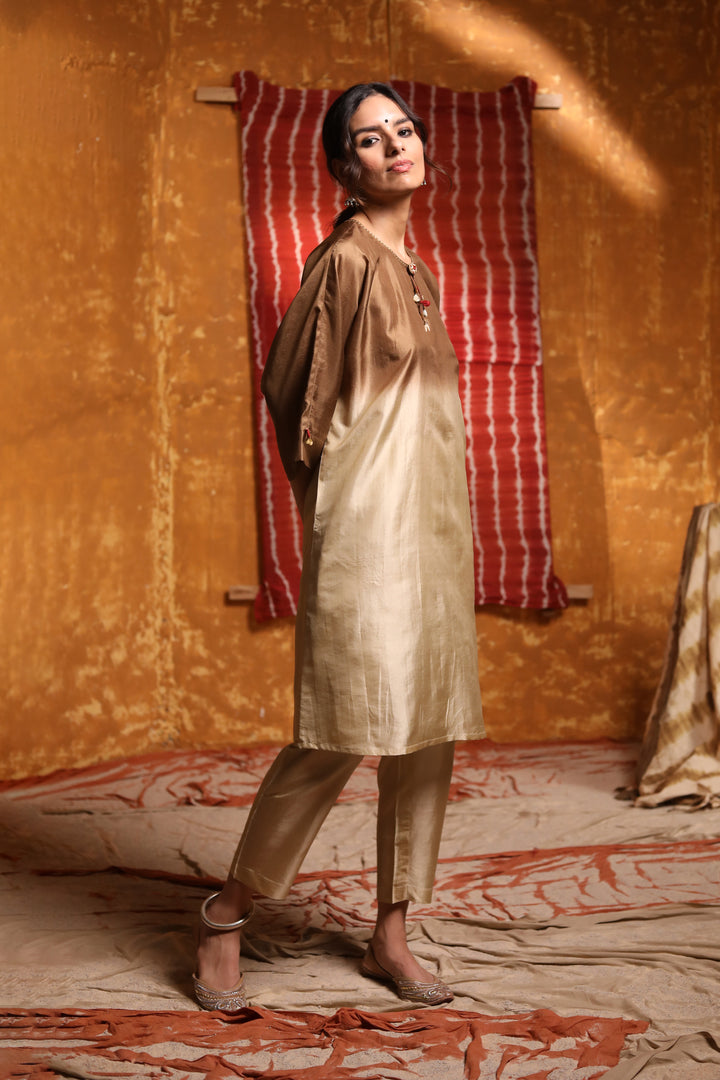 Beige Silk straight pants