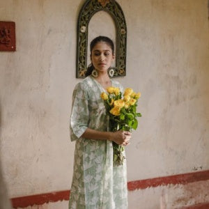 Bela White cotton block printed sage green gadh long tunic with printed pants