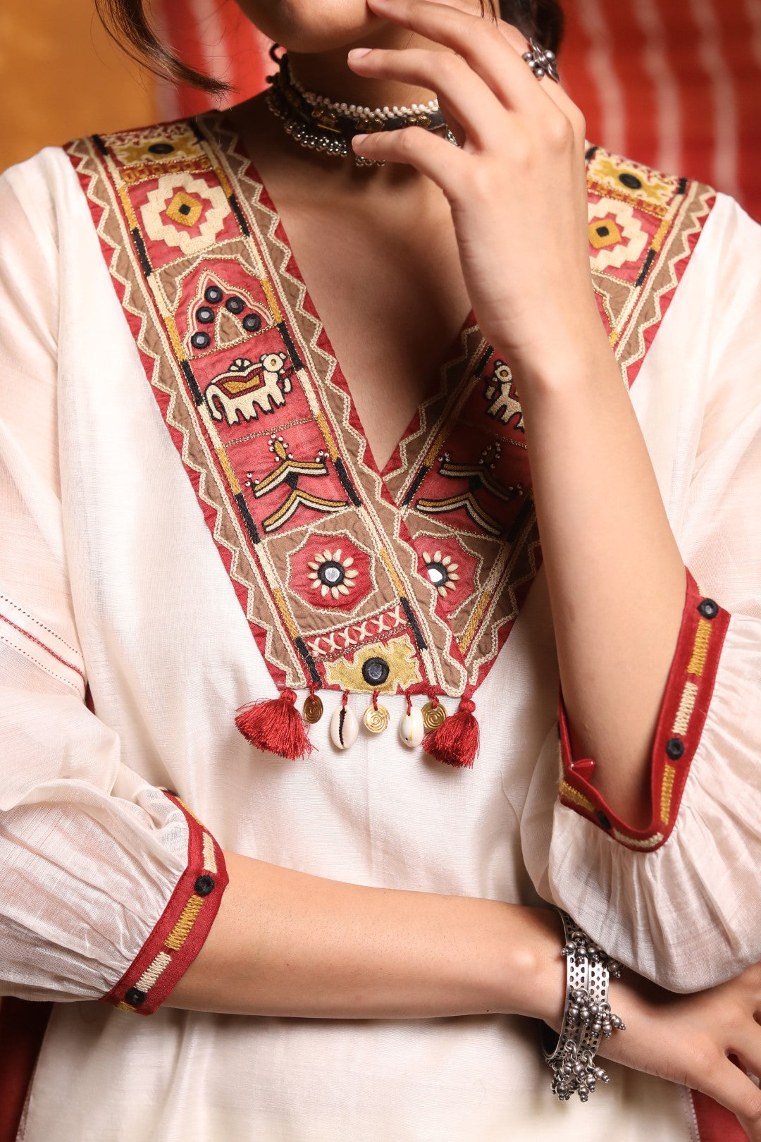 Color Block Tribal Embroidery Kurta