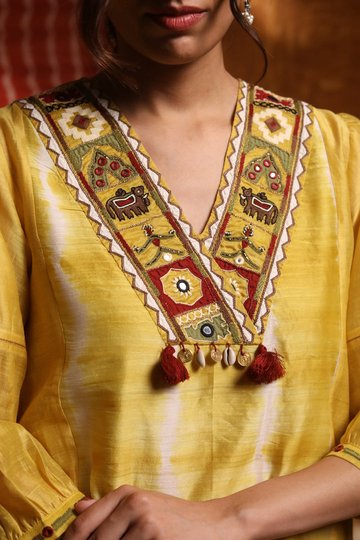 Mustard V-Neck Tie Dye Kurta