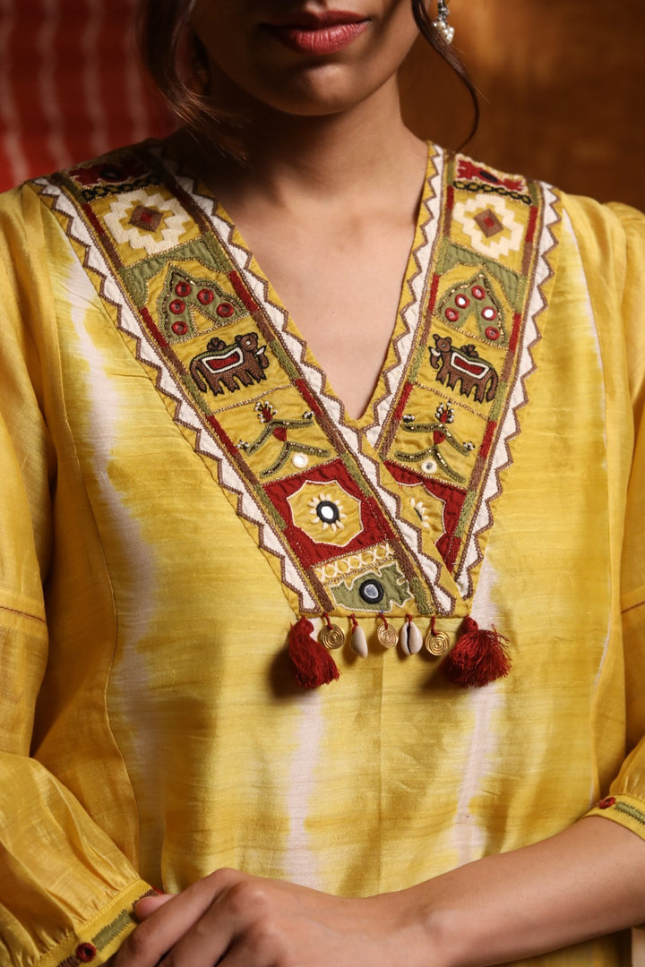 Mustard V-Neck Tie Dye Kurta With Pant & Dupatta