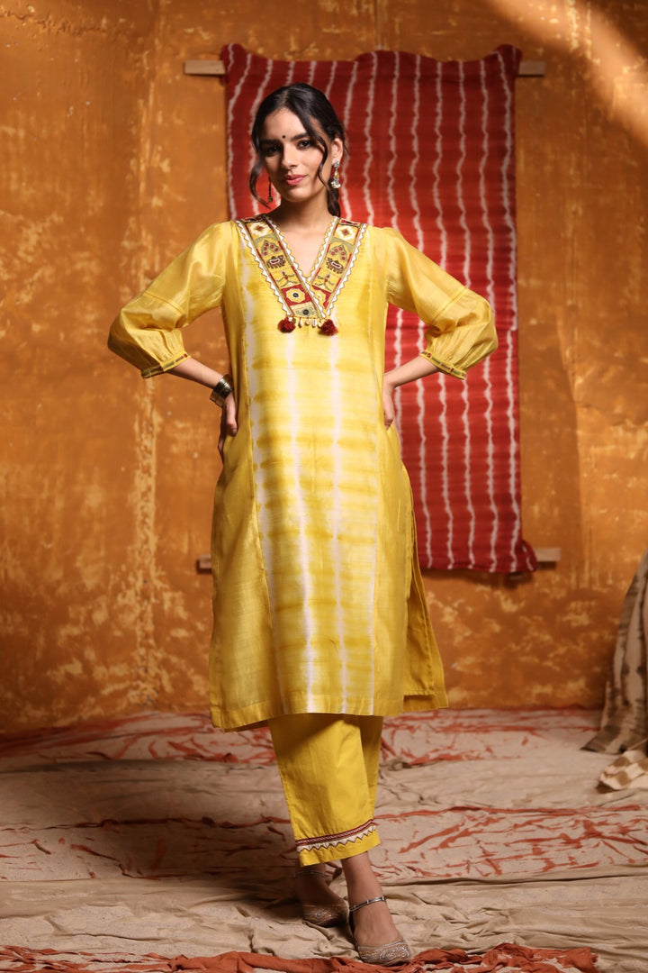 Mustard V-Neck Tie Dye Kurta With Pant & Dupatta