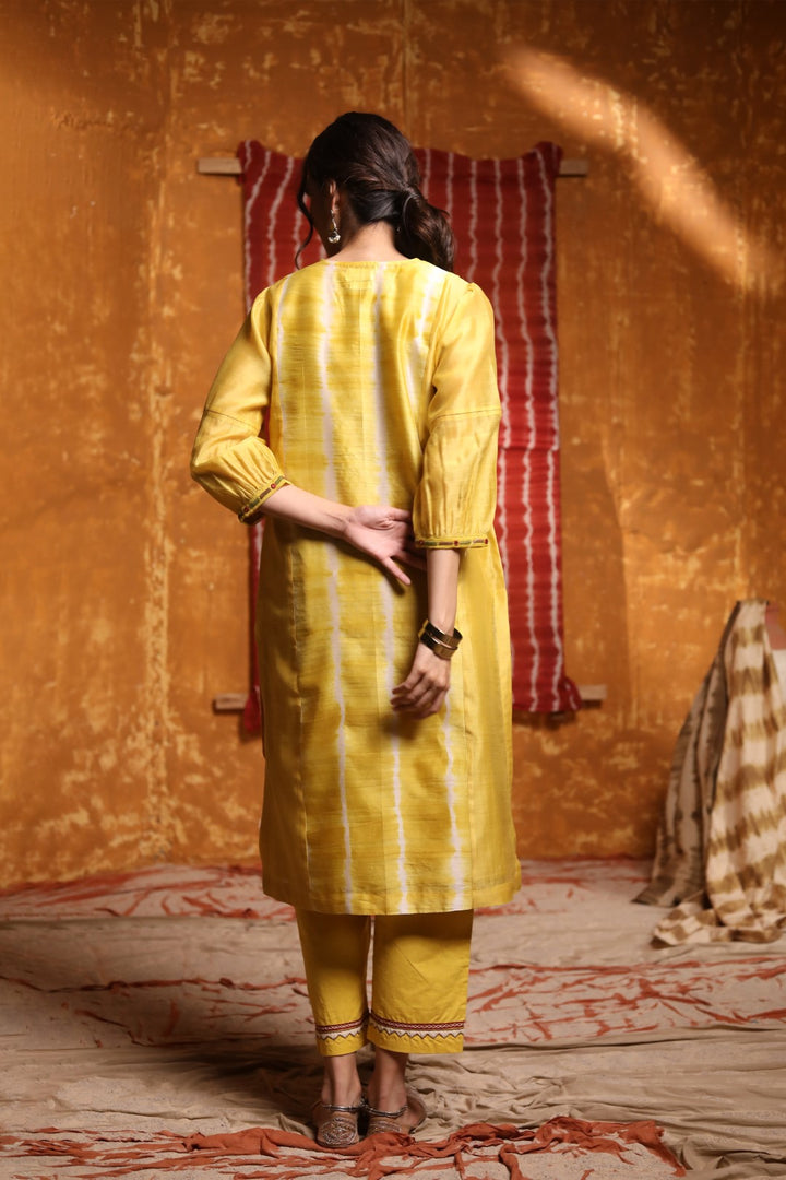 Mustard V-Neck Tie Dye Kurta With Pant & Dupatta