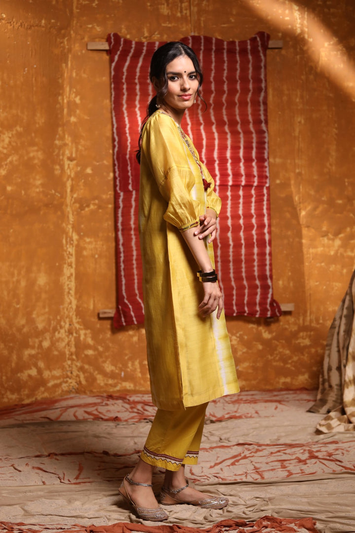 Mustard V-Neck Tie Dye Kurta With Pant & Dupatta