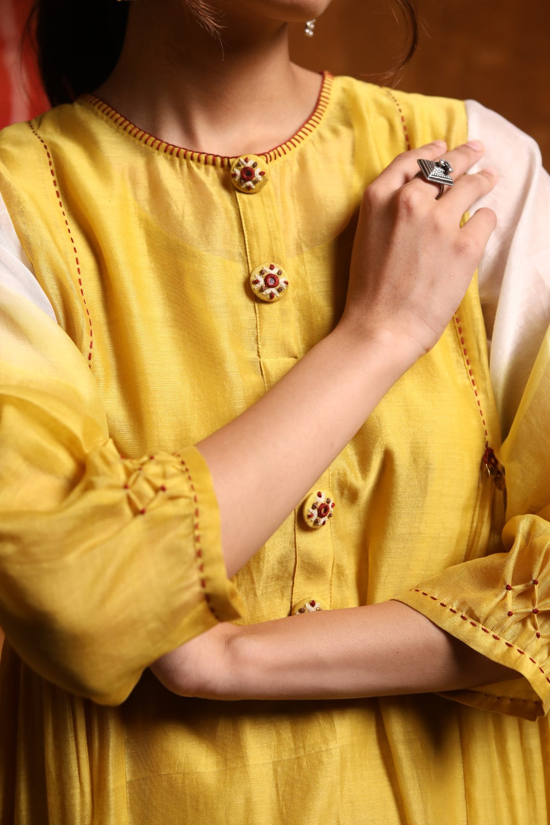 Mustard Ombre Button Embroidery Kurta With Pants & Dupatta