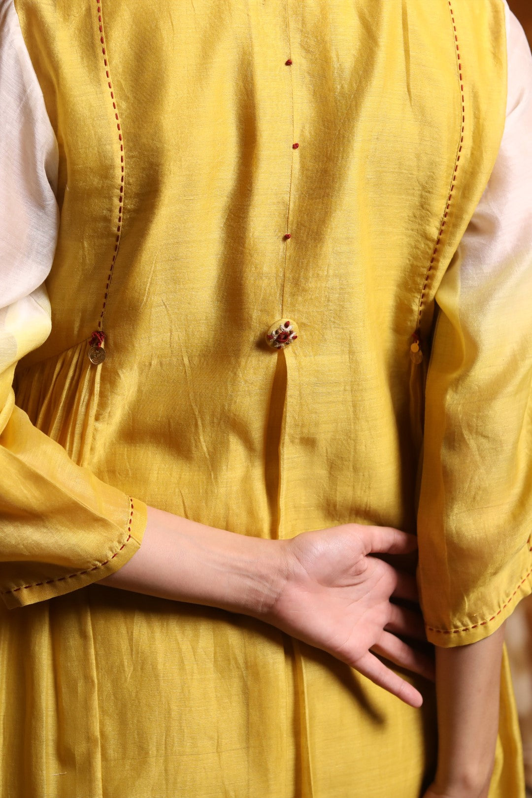 Mustard Ombre Button Embroidery Kurta With Pants & Dupatta