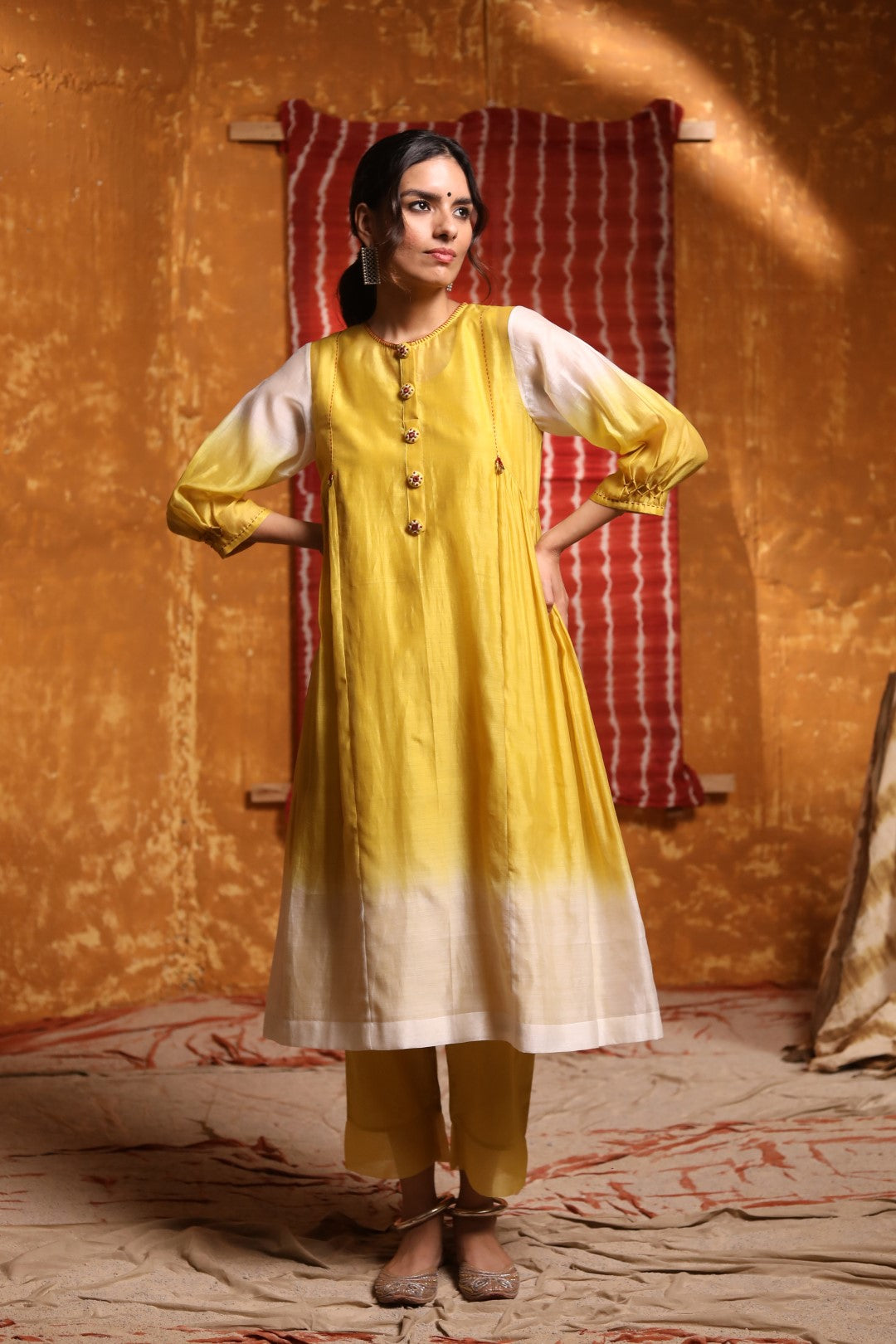 Mustard Ombre Button Embroidery Kurta With Pants & Dupatta