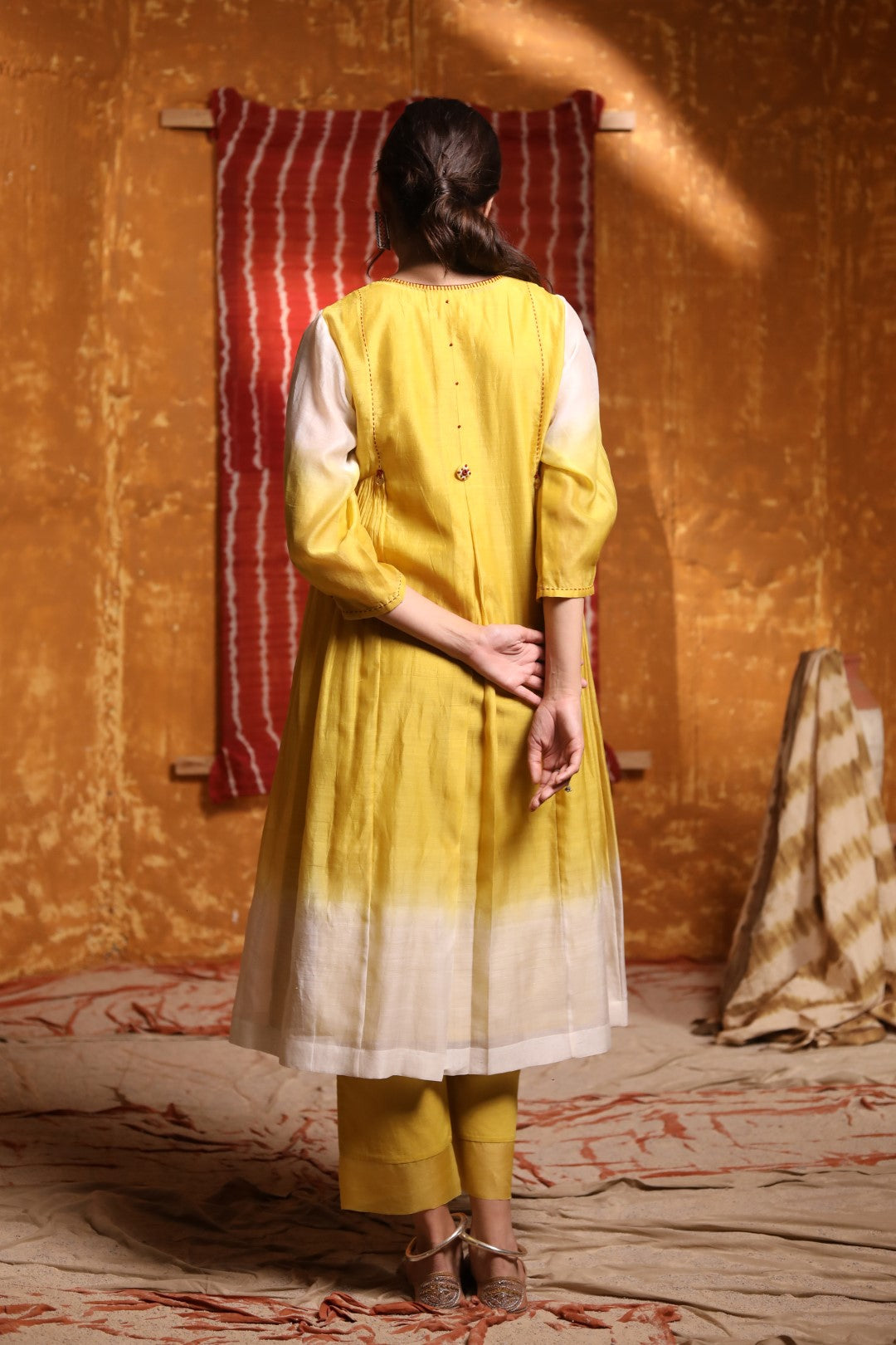 Mustard Ombre Button Embroidery Kurta With Pants & Dupatta
