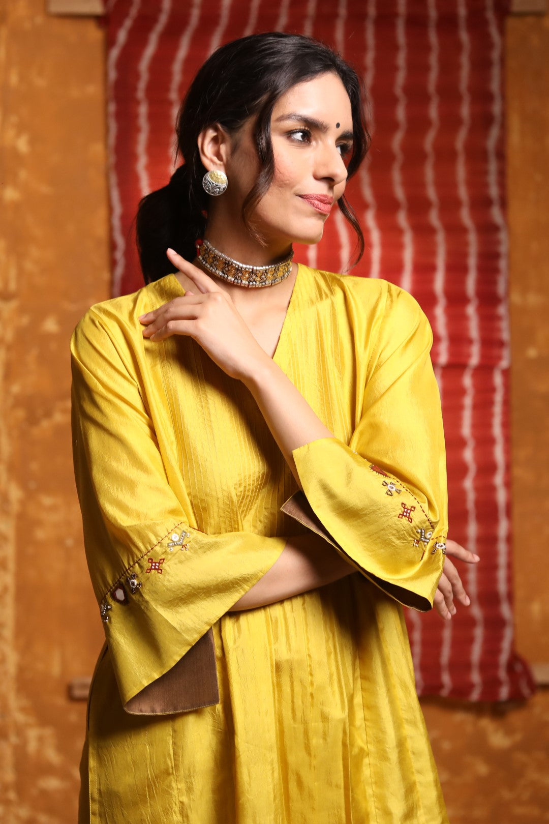 Mustard Handloom Silk Pintuck Choga