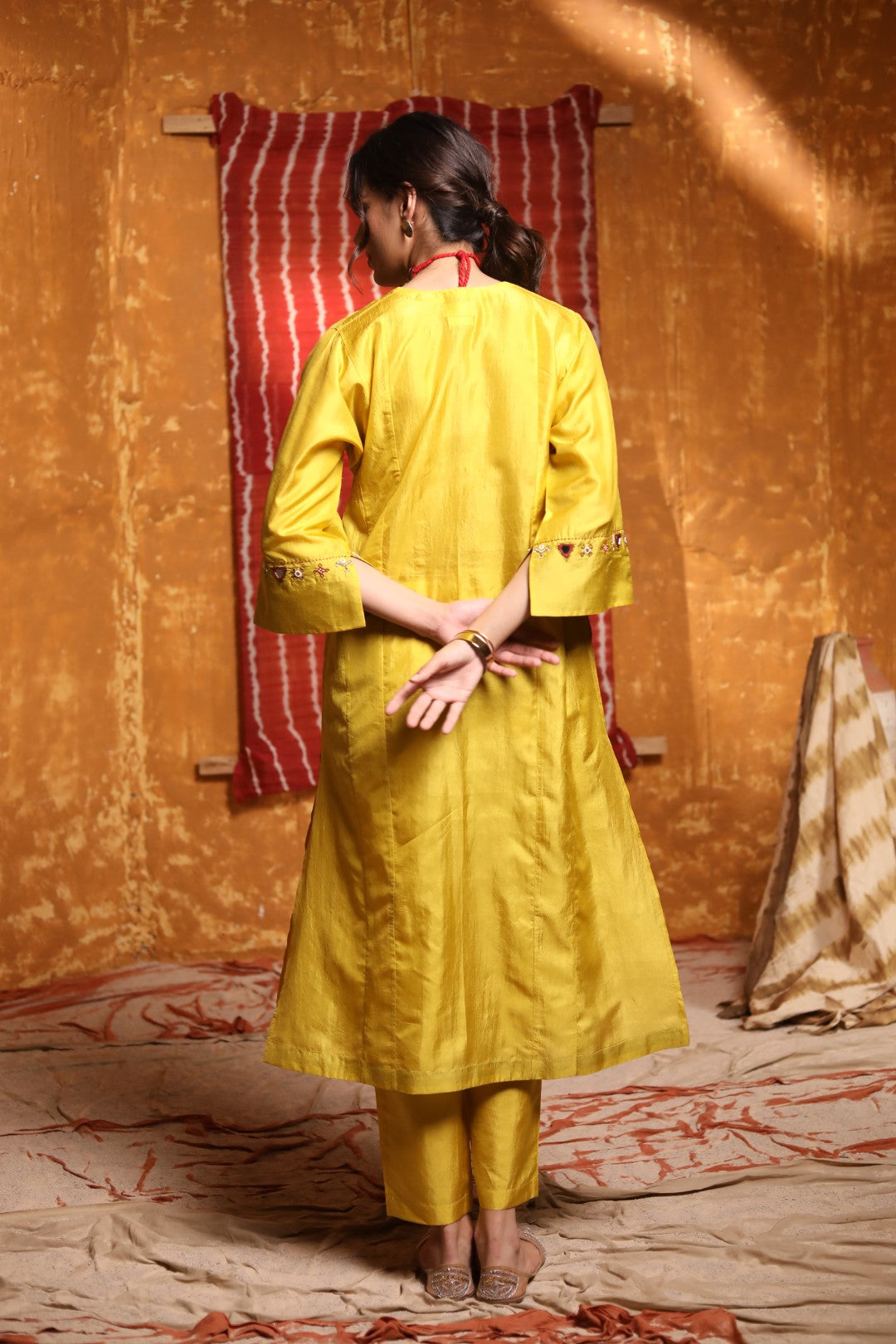 Mustard Handloom Silk Pintuck Choga With Pant Dupatta