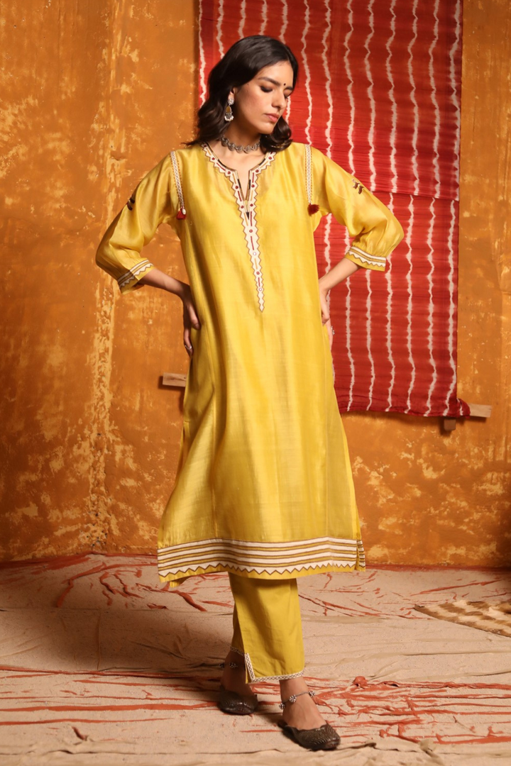 Mustard Triangle Applique Work Kurta