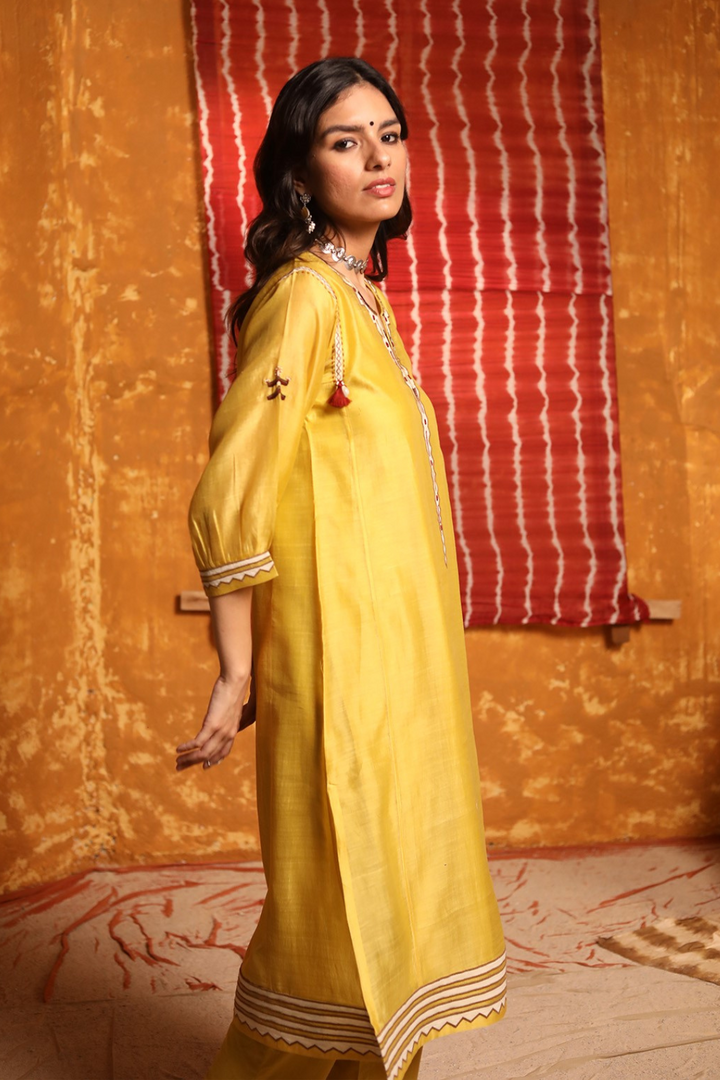 Mustard Triangle Applique Work Kurta