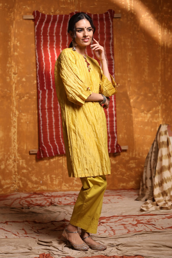 Mustard Triangle Applique Work Kurta