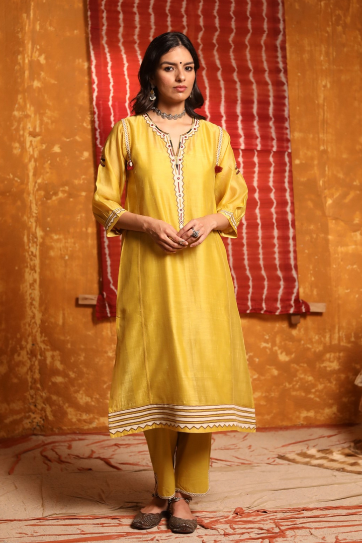 Mustard Triangle Applique Work Kurta Set