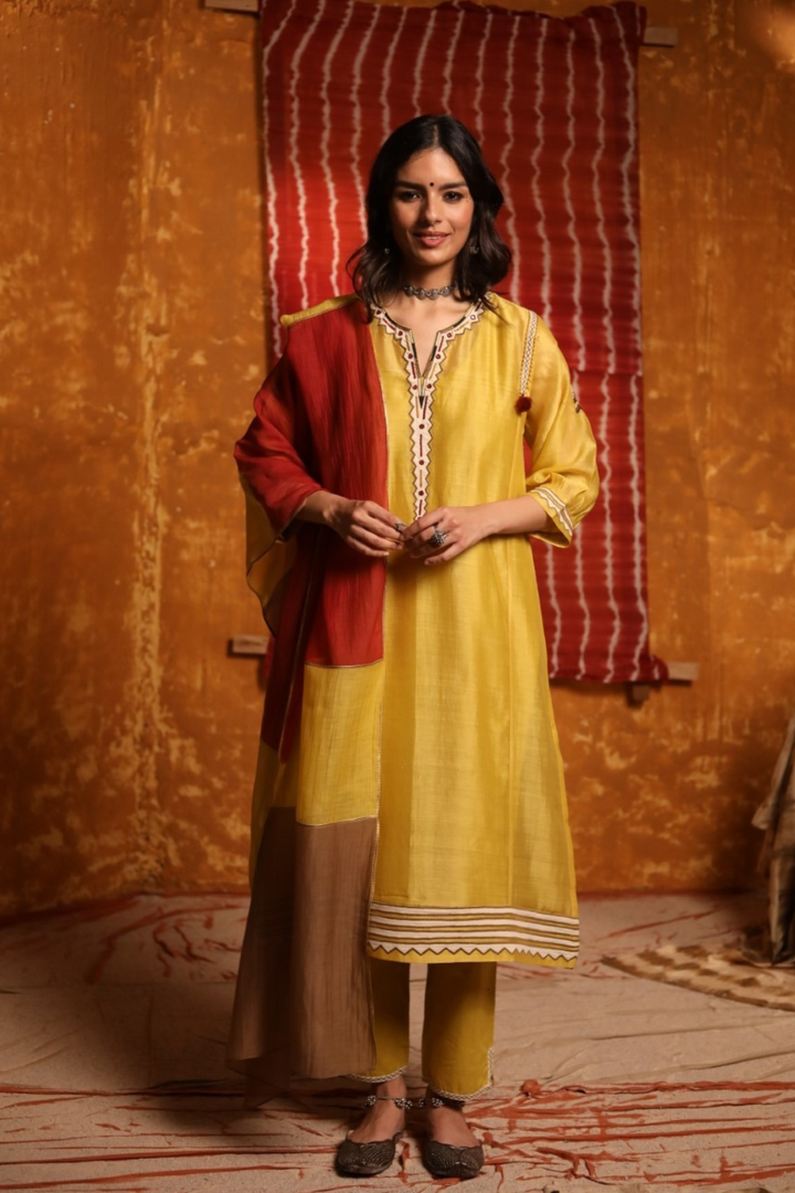 Mustard Triangle Applique Work Kurta Set