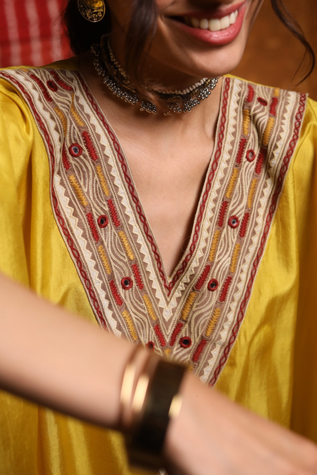 Mustard V-Neck Tribal Embrodiery Silk Cape With Pant