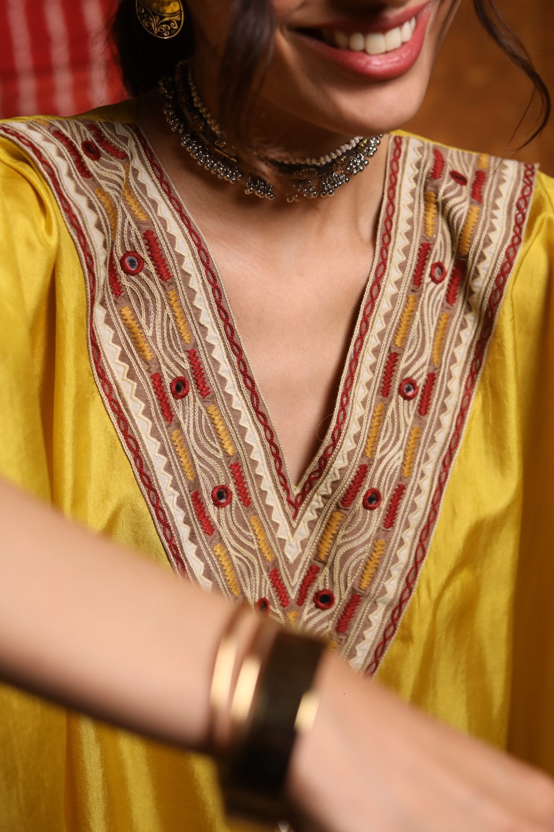 Mustard V-Neck Tribal Embrodiery Silk Cape