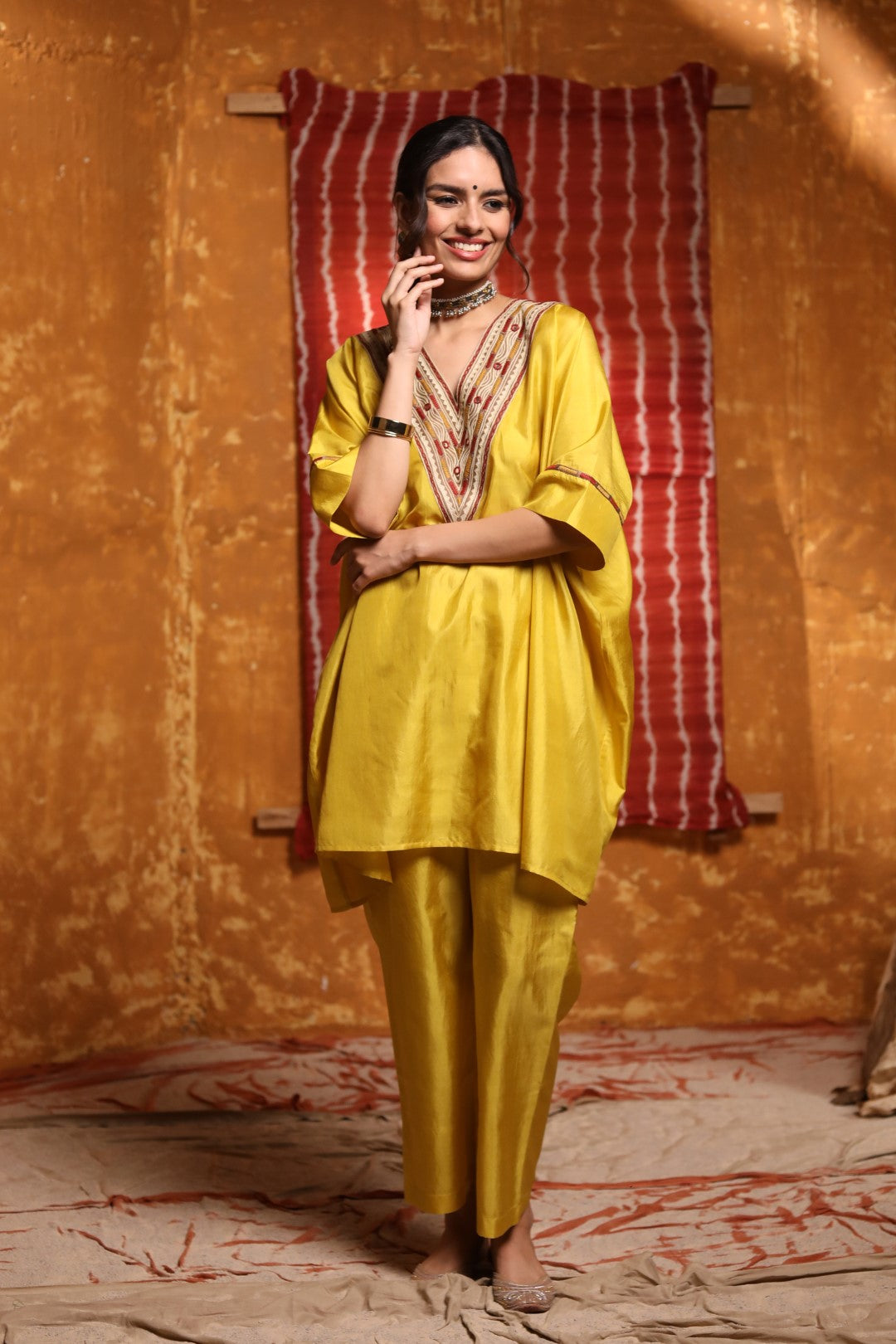 Mustard V-Neck Tribal Embrodiery Silk Cape With Pant