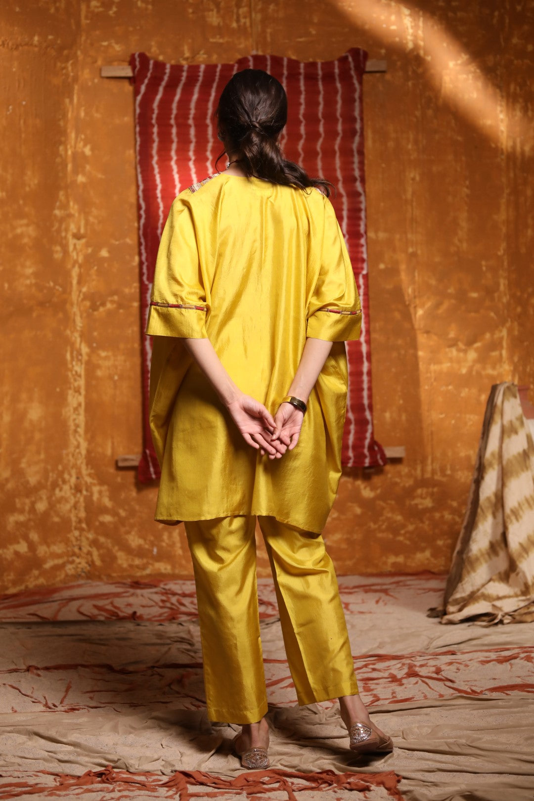 Mustard V-Neck Tribal Embrodiery Silk Cape With Pant