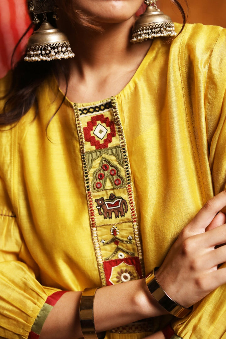 Mustard Tribal Placket Kali Kurta Set