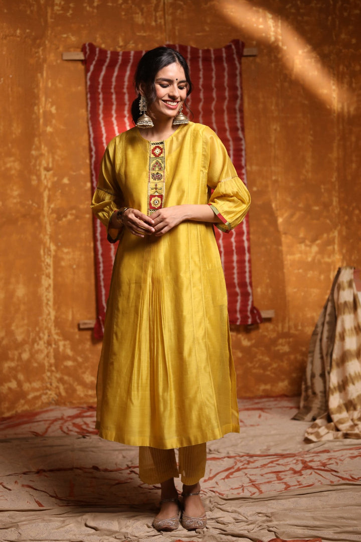 Mustard Tribal Placket Kali Kurta Set