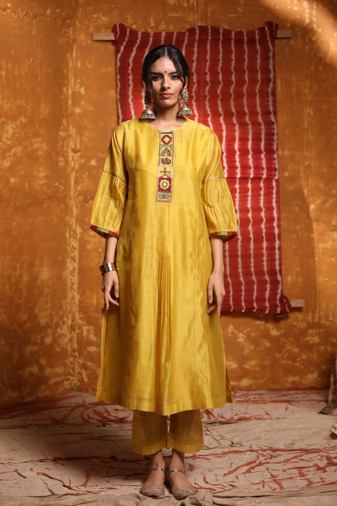 Mustard Tribal Placket Kali Kurta Set