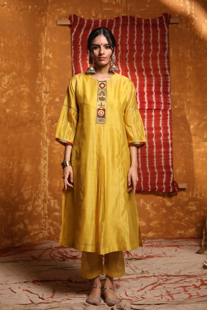 Mustard Tribal Placket Kali Kurta Set