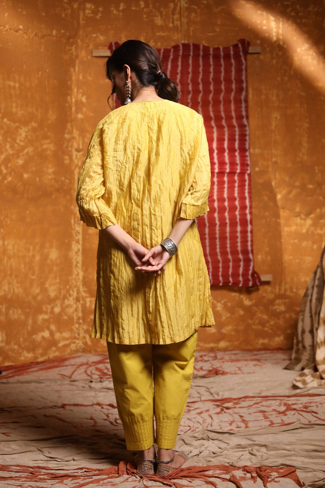 Mustard Crinkle Kimono With Pants