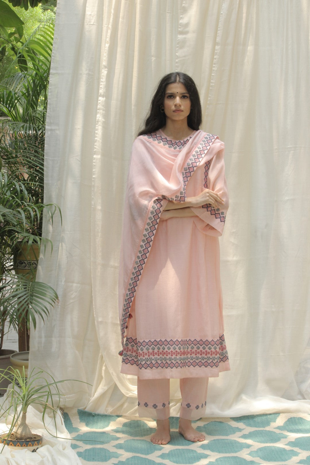 BABY PINK CHANDERI AZTEC EMBROIDERED SIDE PLEAT DRESS WITH EMBROIDERED KURTA AND PANTS. SET OF 3