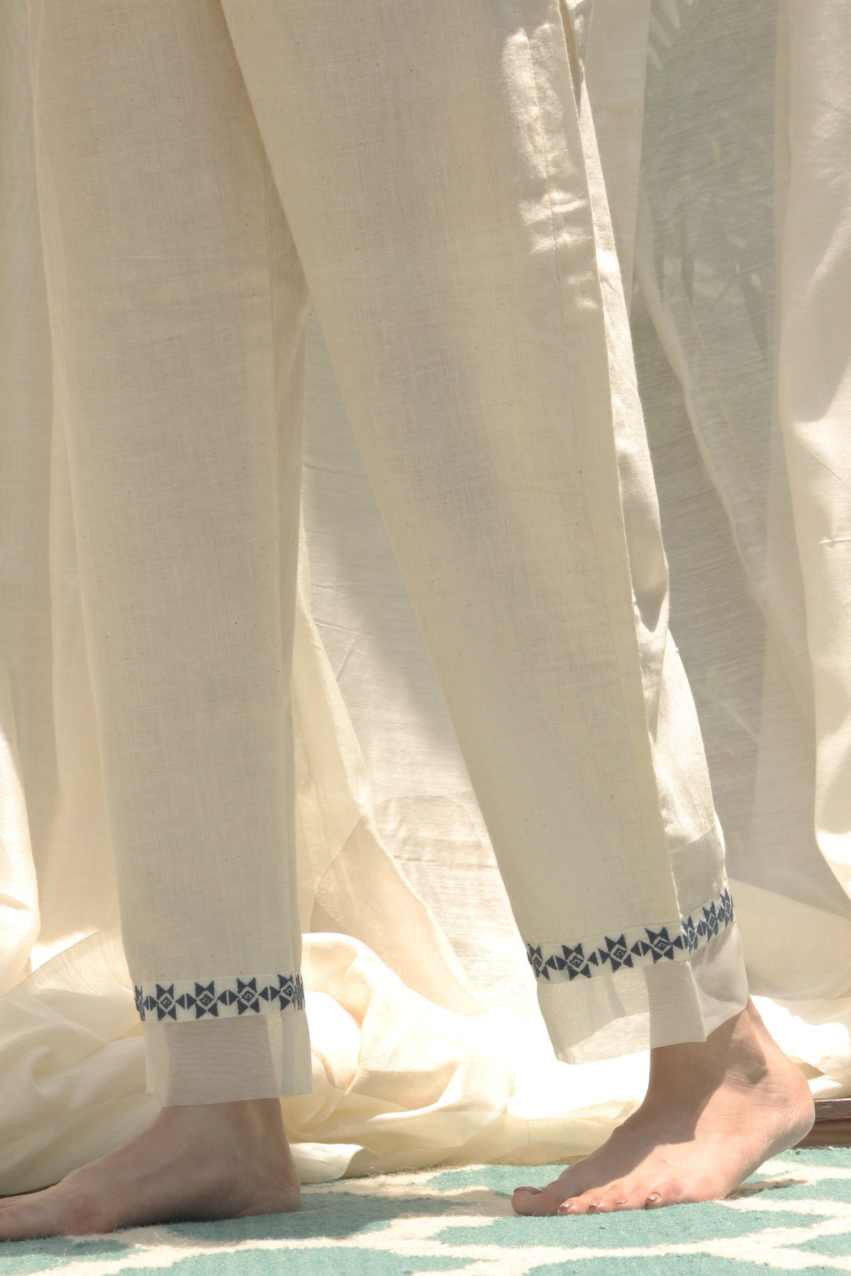CREAM COTTON EMBROIDERED AZTEC BORDER PANTS WITH ORGANZA