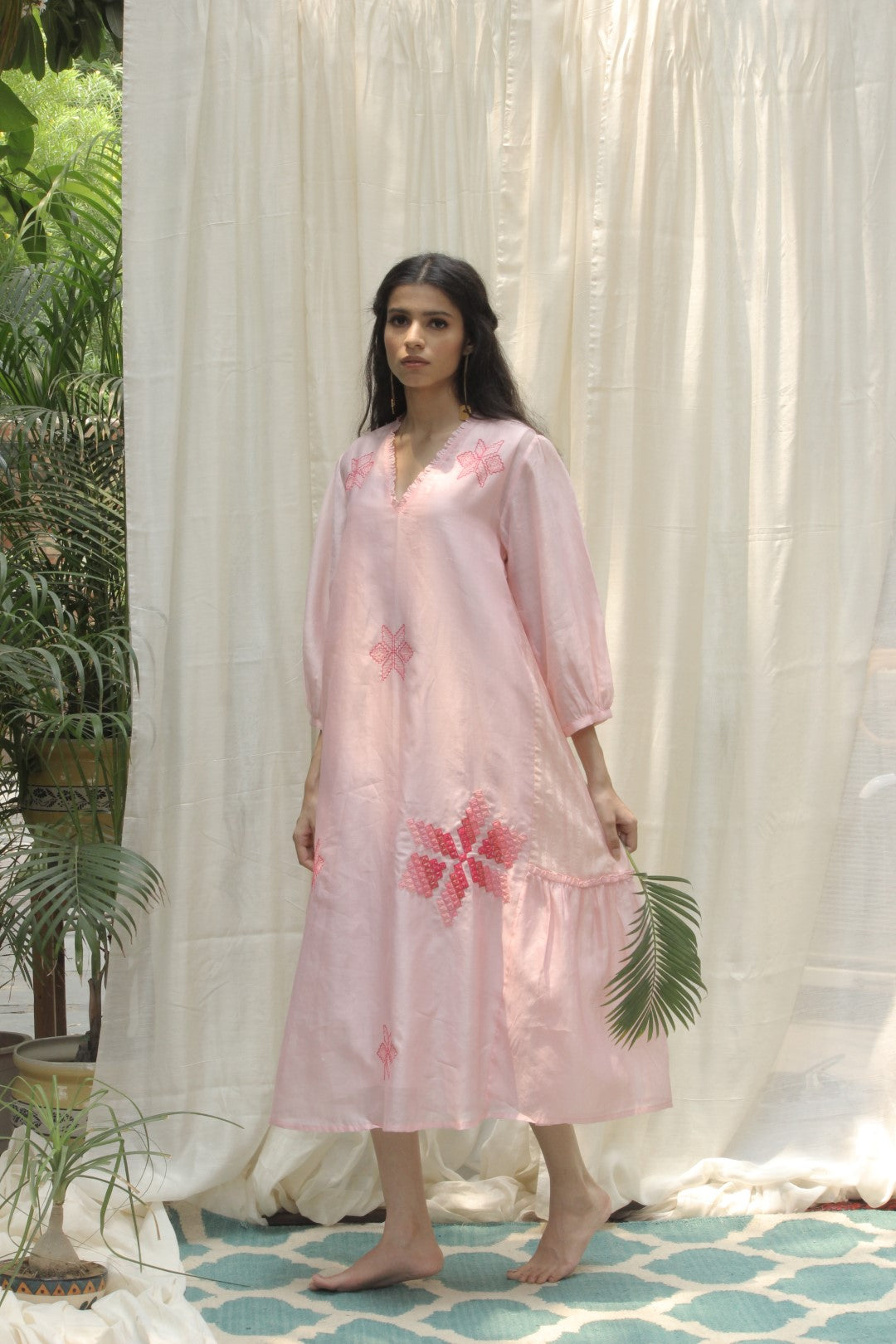 BABY PINK CHANDERI EMBROIDERED OMBRE V-NECK DRESS