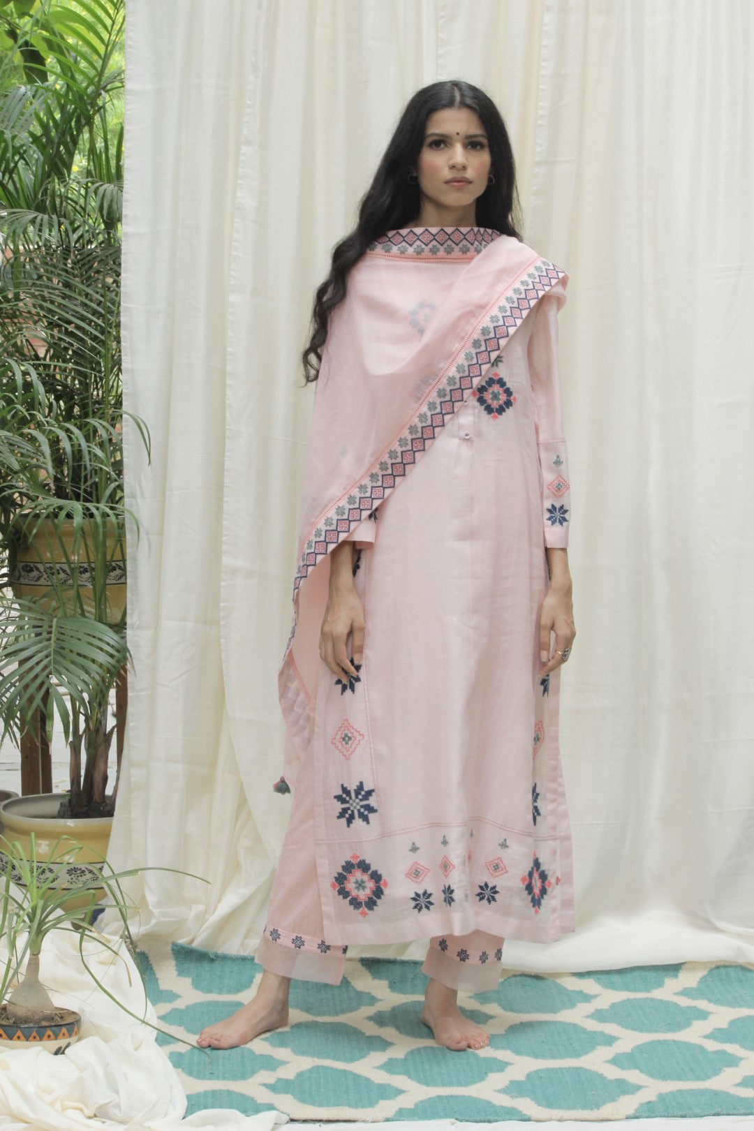 BABY PINK CHANDERI AZTEC EMBROIDERED KALI KURTA WITH EMBROIDERED DUPATTA AND PANTS. SET OF 3