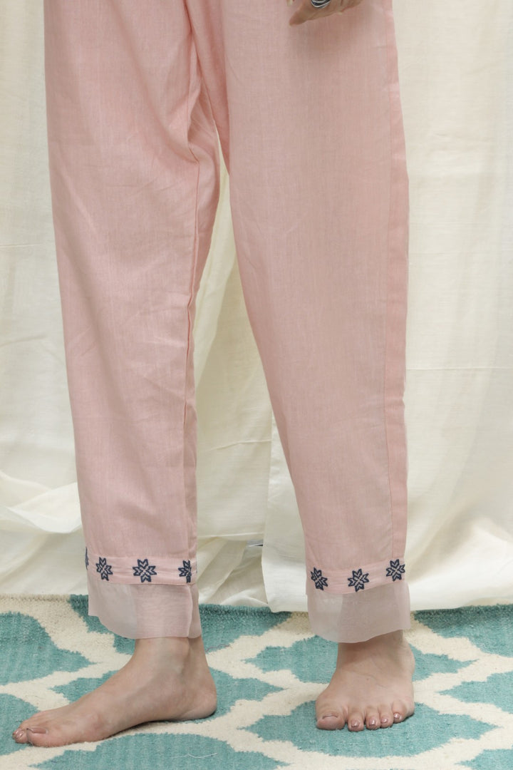 BABY PINK COTTON EMBROIDERED AZTEC BORDER PANTS WITH ORGANZA