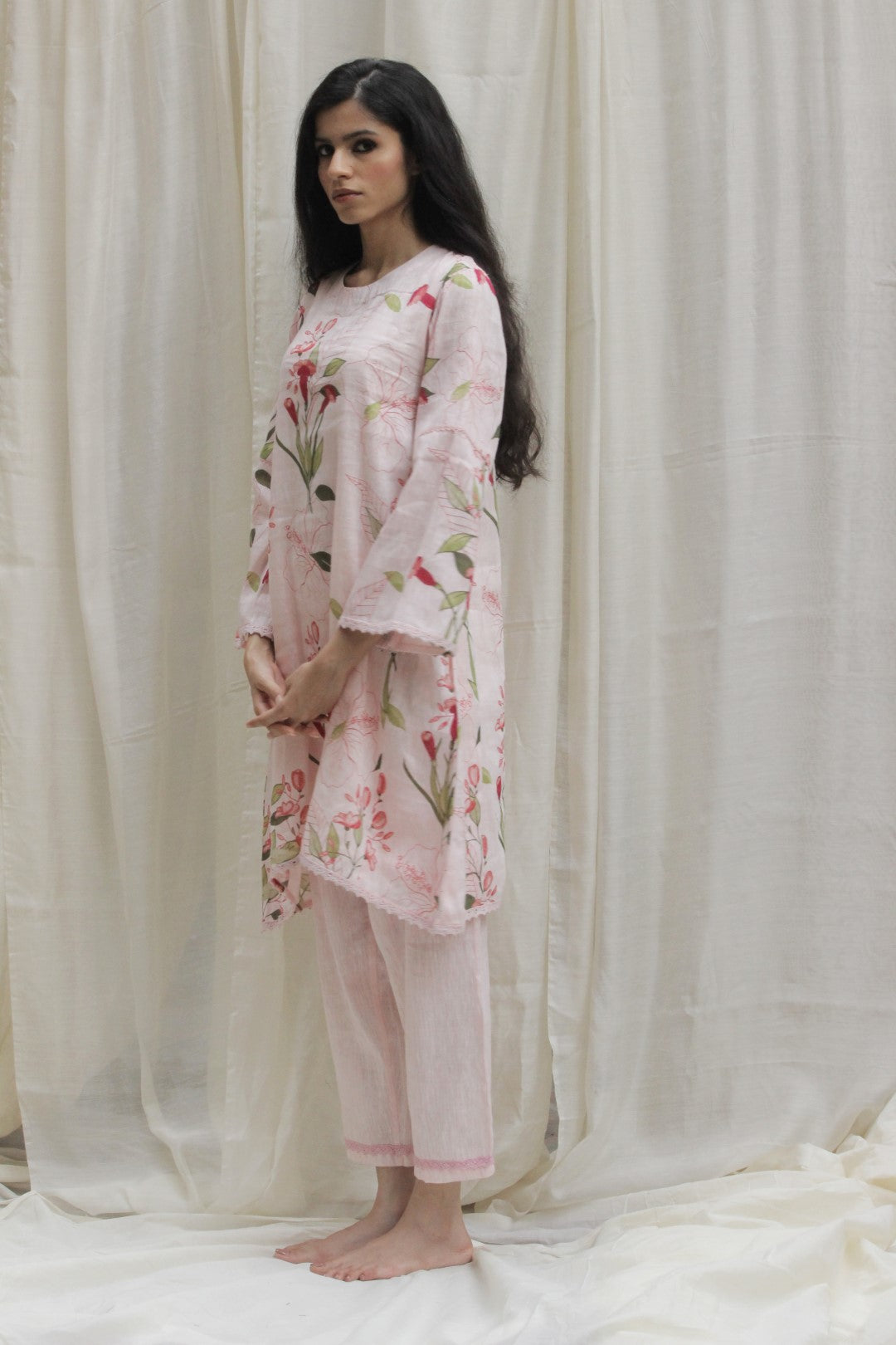BABY PINK LINEN PRINTED TULIP SHORT TUNIC