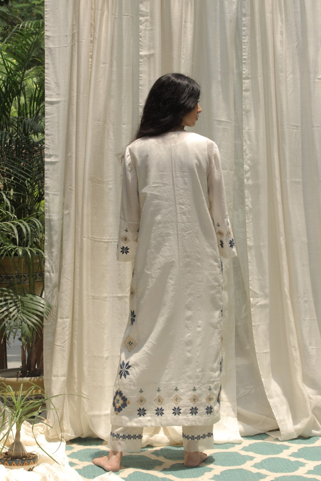 CREAM CHANDERI AZTEC EMBROIDERED KALI KURTA