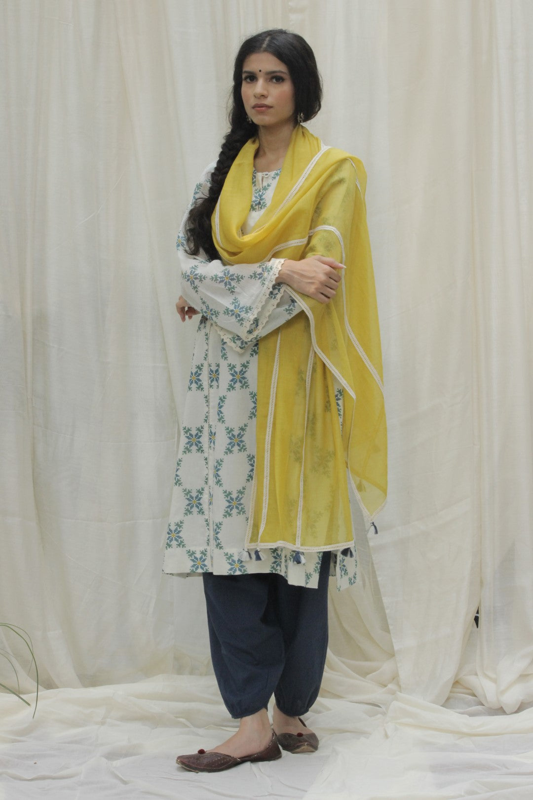 YELLOW CHANDERI DUPATTA WITH LACE DETAILS