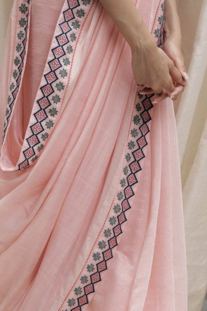 BABY PINK CHANDERI AZTEC BORDER EMBROIDERED SAREE WITH PRINTED AZTEC BLOUSE