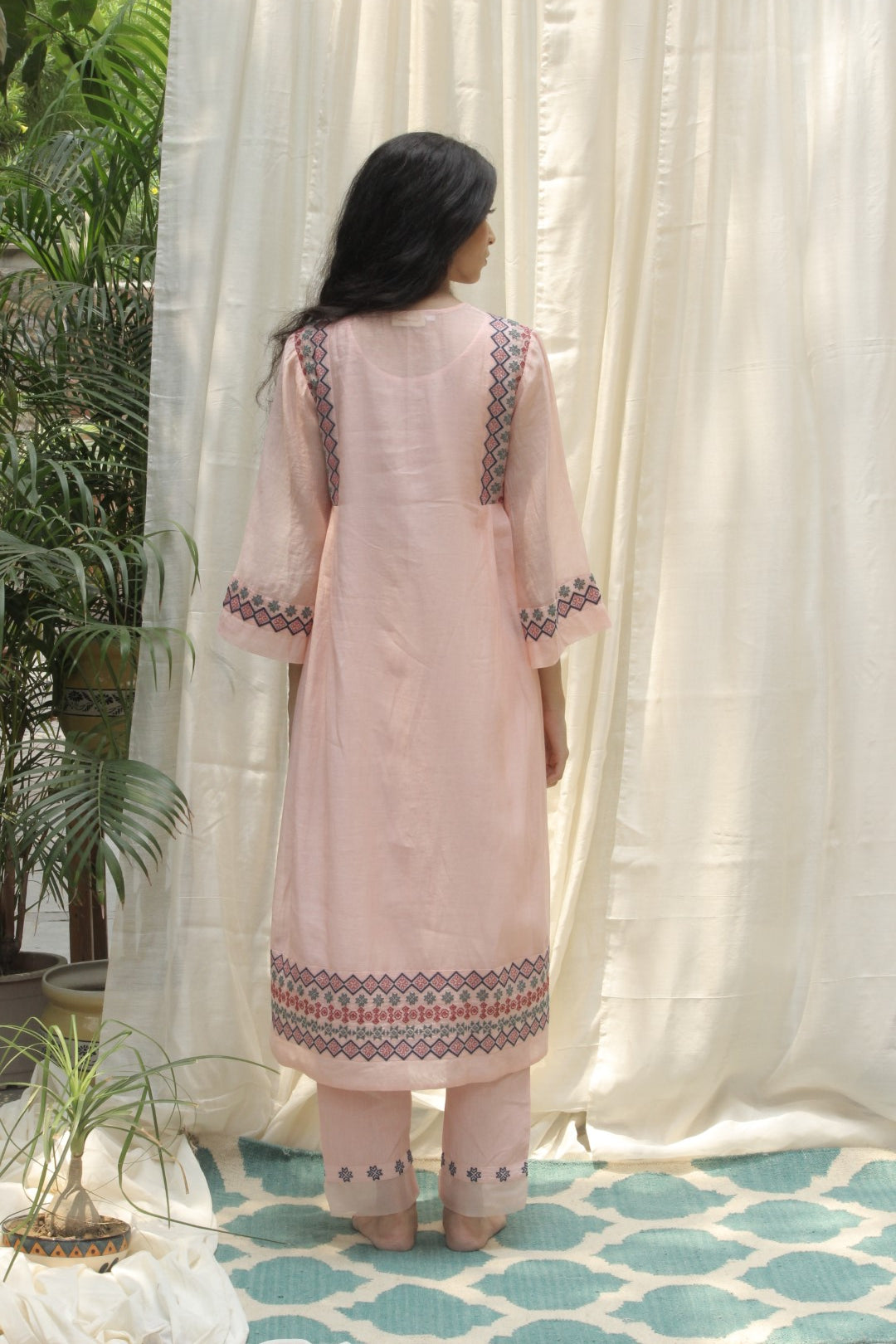 BABY PINK CHANDERI AZTEC EMBROIDERED SIDE PLEAT DRESS