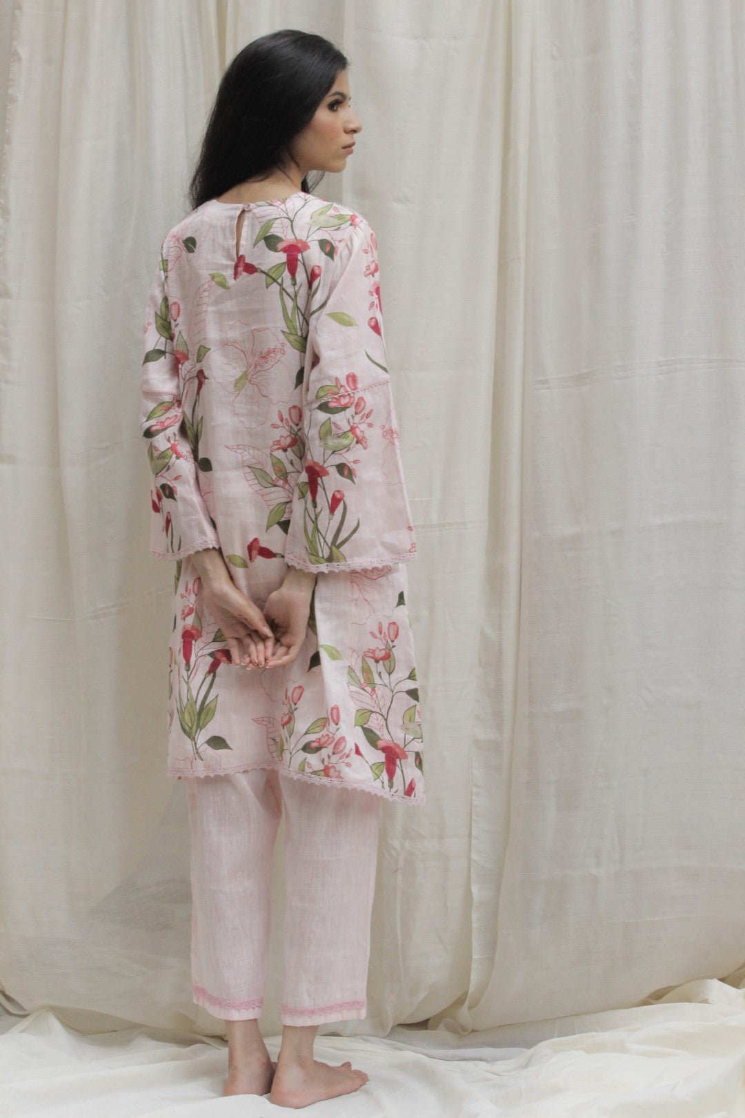 BABY PINK LINEN PRINTED TULIP SHORT TUNIC