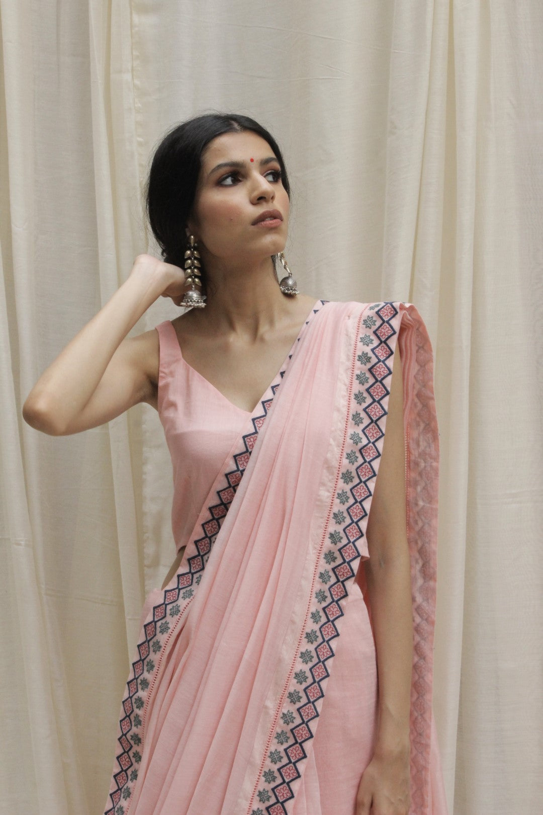 BABY PINK CHANDERI AZTEC BORDER EMBROIDERED SAREE WITH PRINTED AZTEC BLOUSE